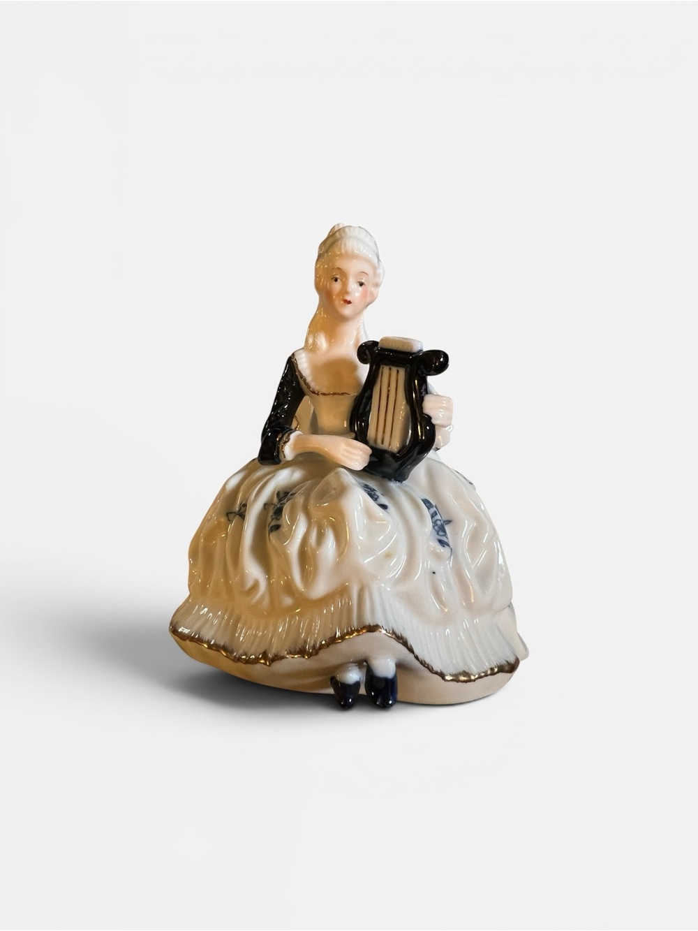 Porcelain Victorian Lady Figurine with Harp - White and Black